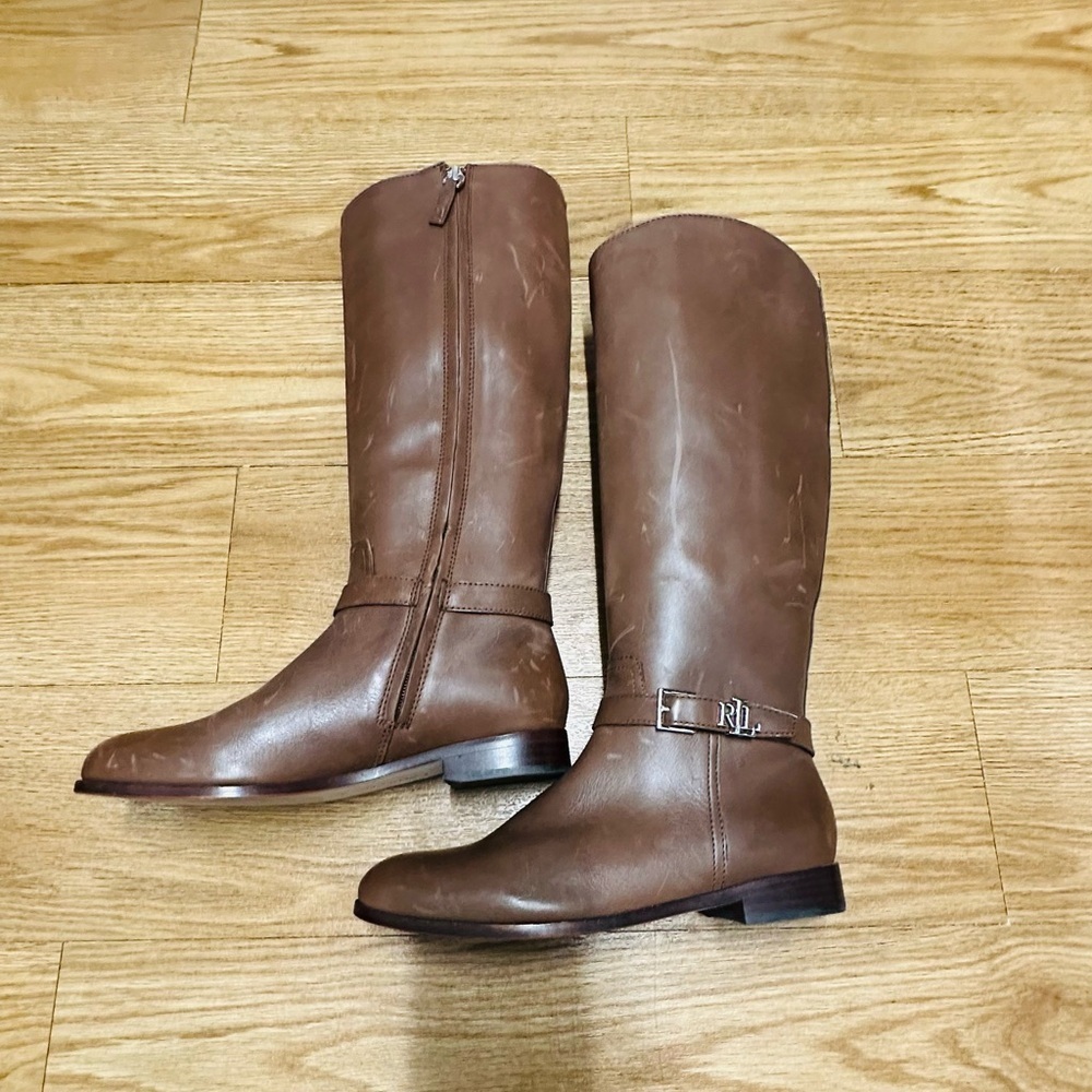 RALPH Lauren Distressed Brown Tall Leather Riding Boots - Picture 4 of 14